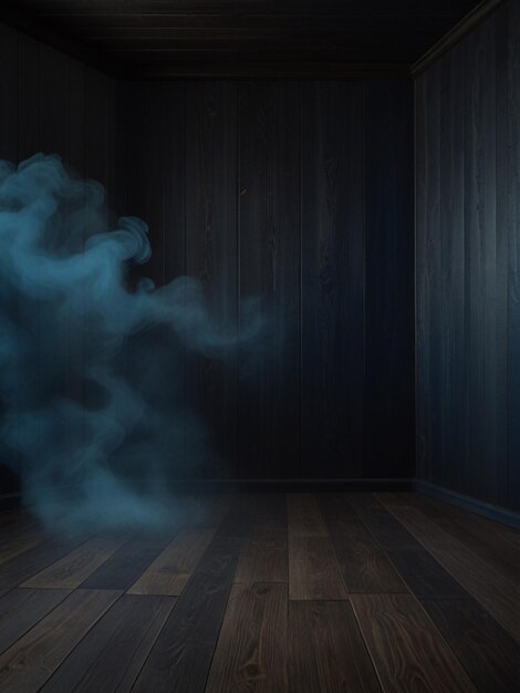 a Dark wooden room with dark blue smoke background