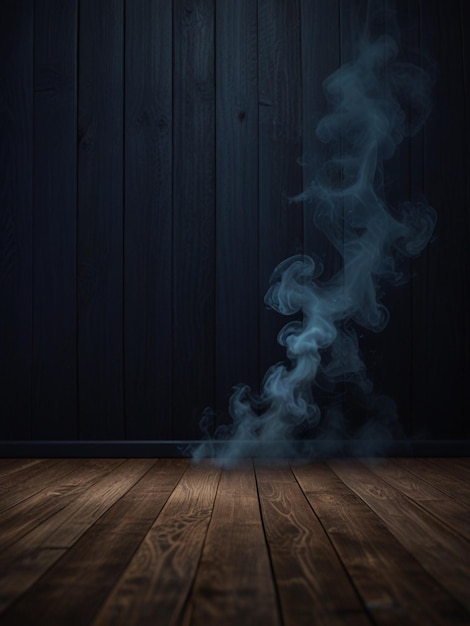 a Dark wooden room with dark blue smoke background
