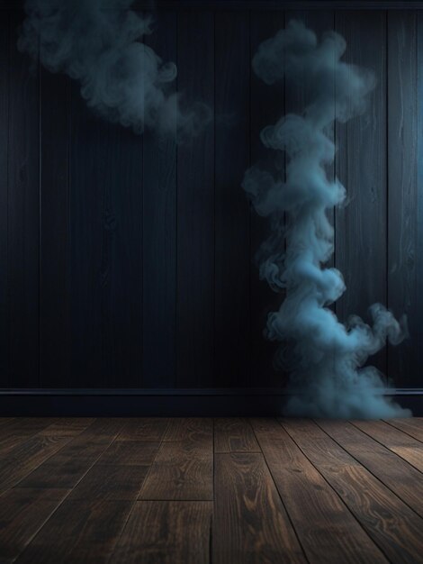 a Dark wooden room with dark blue smoke background