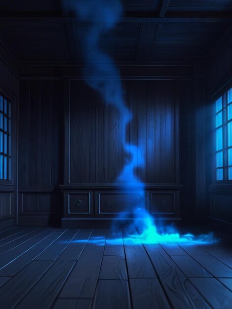 Photo a dark wooden room with dark blue smoke background