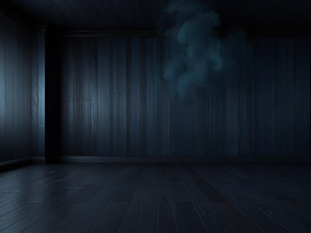 Photo a dark wooden room with dark blue smoke background