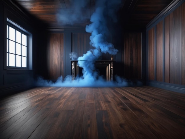 Photo a dark wooden room with dark blue smoke background