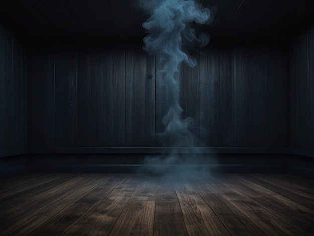 a Dark wooden room with dark blue smoke background