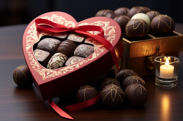 Dark wooden table scene chocolates in a gift box Valentines