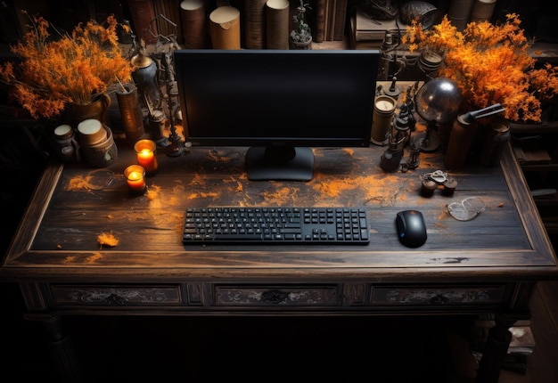 Photo dark_working_table_with_computer_keyboard_top_view