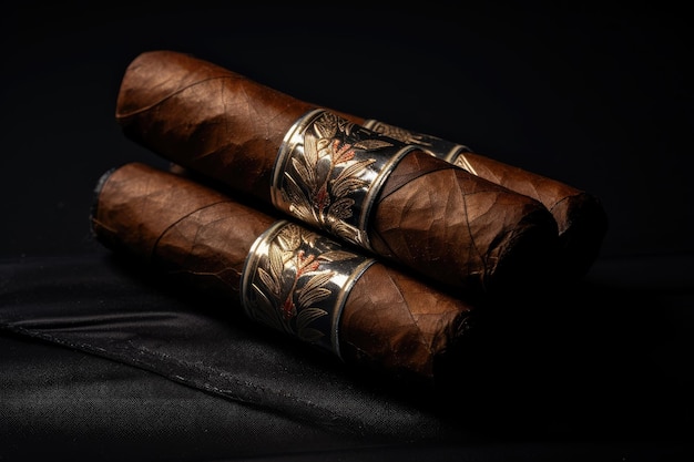 Dark wrapped double robusto cigars on black backdrop