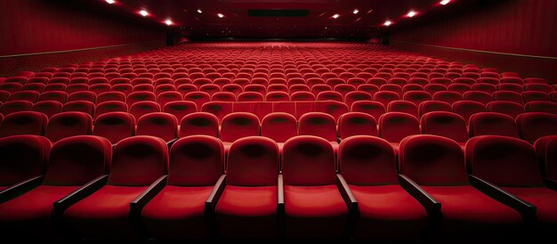 Photo darkened empty movie theatre and stage with the red curtains drawn