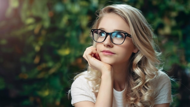 Darkeyed blonde lovely young female with spectacles looks aside as has thoughtful expression and b