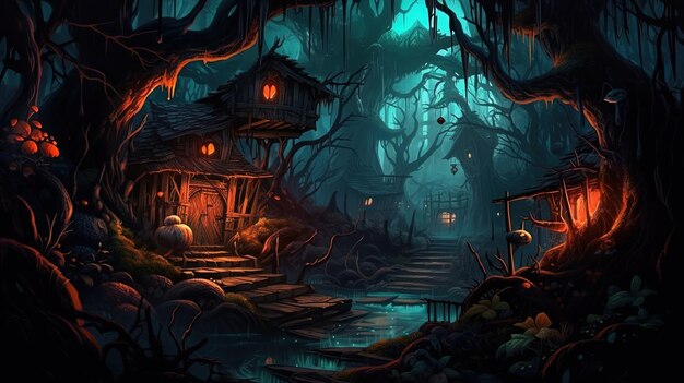 A darkfantasy forest with a witch's hut Fantasy concept Illustration painting Generative AI