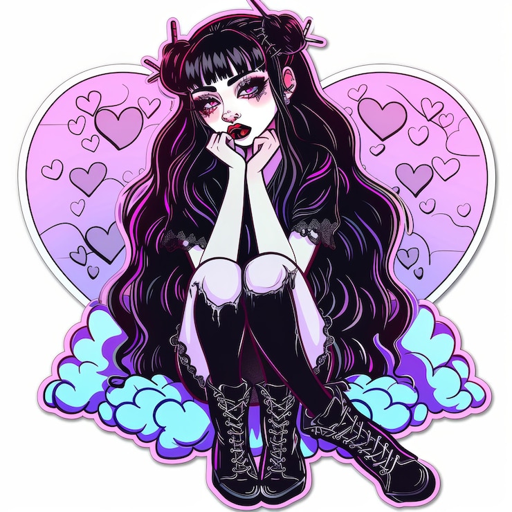 Photo a darkhaired anime girl with a sad expression sits on a cloud in a heart shaped frame with a gradient background of pinks and blues