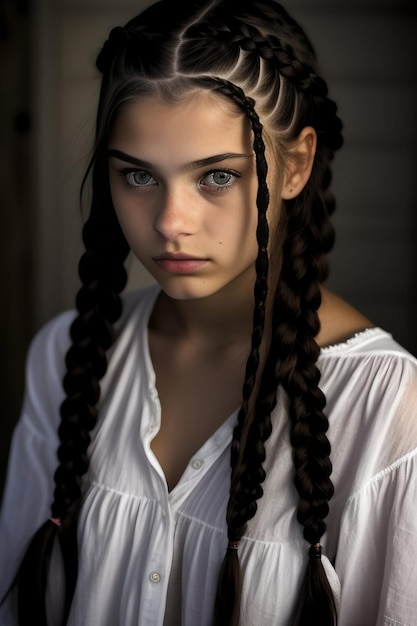 DarkHaired Beauty CloseUp Portrait of a Girl with Braided Hair Capturing the Elegance and Grace