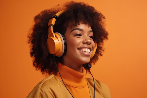 DarkHaired Girl With Headphones On Orange Background Cute Girl In Orange Turtleneck Portrait Of Cheerful Smiling Young Mulatto Woman On Copy Space Generative AI