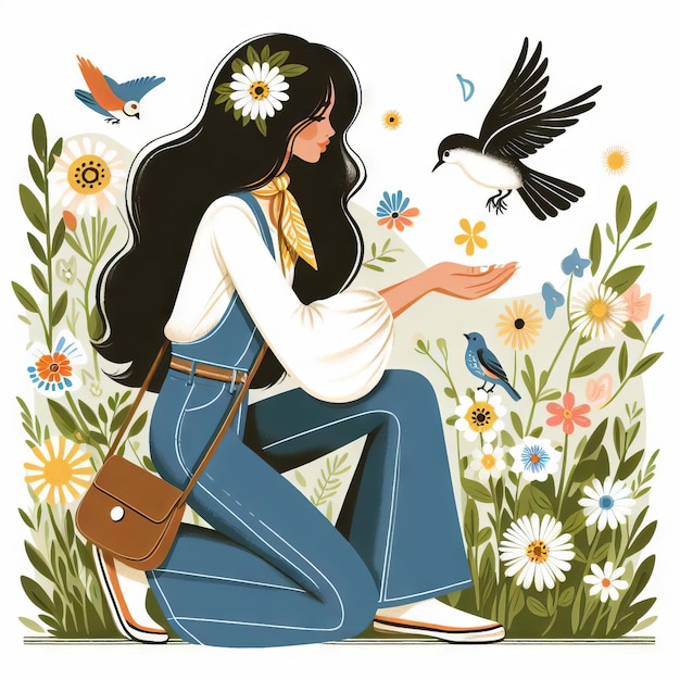Darkhaired hippie girl in bellbottom jeans feeds birds in her hand Flat style