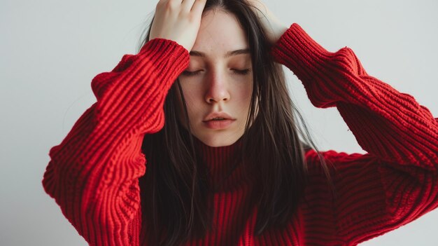 Foto una donna dai capelli scuri con una maglietta cremisi adatta si copre gli occhi con i palmi delle mani su uno sfondo vuoto con spazio per il testo