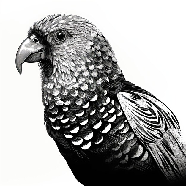 Darkly Detailed Black And White Parrot Illustration With Characterful Portraits