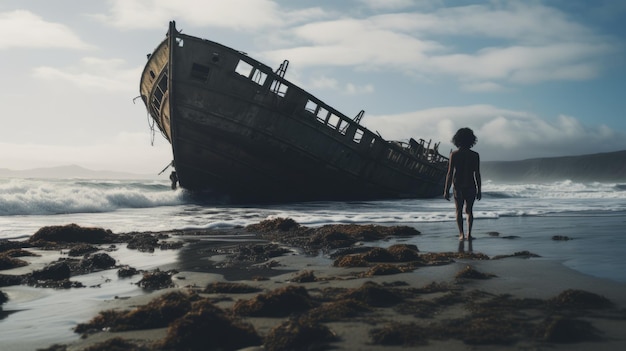 Photo darkly romantic illustrations of a man outside a shipwreck on a beach