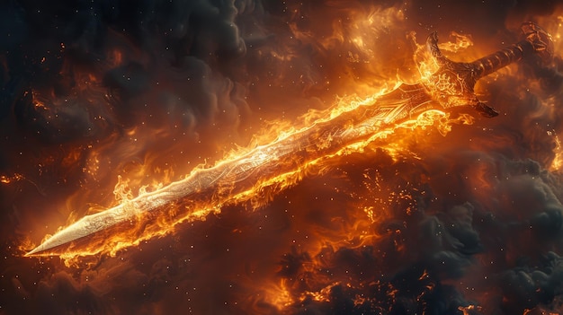 Darkness and flames surround a fantasy sword