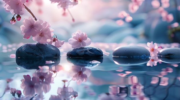 At darkness harmonious zen stones and cherry blooming interpret in serene water and space Generative AI