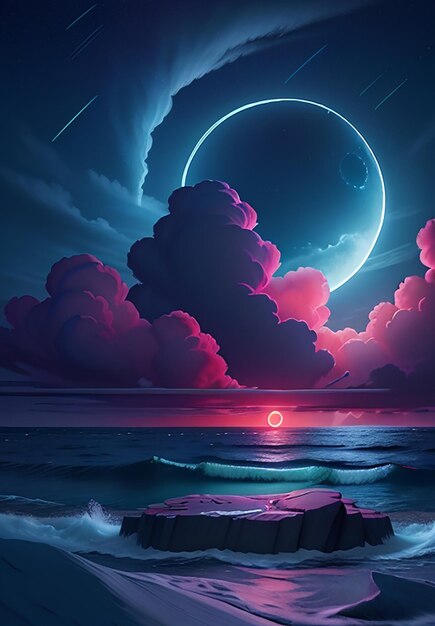 In the darkness of the night art moonlight sea clouds moon stars colorful