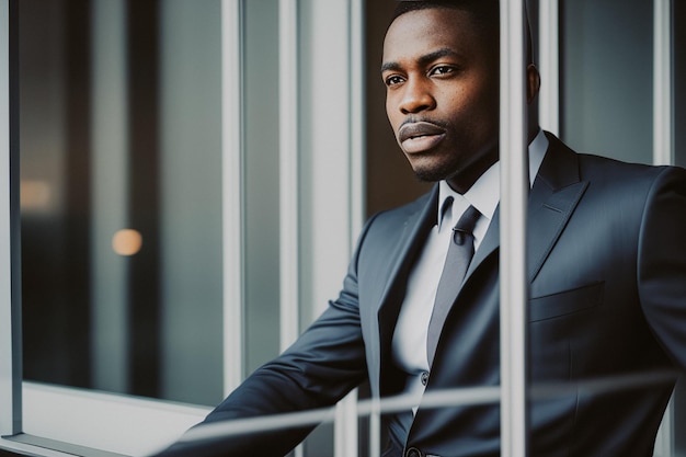 A darkskinned businessman in a suit standing in front of the office