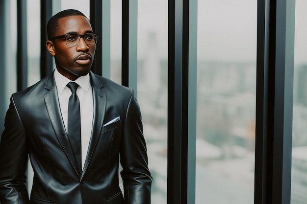 A darkskinned businessman in a suit standing in front of the office