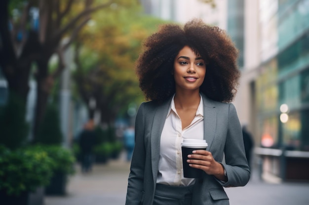 Darkskinned businesswoman near a business center with a glass of coffee in her hands