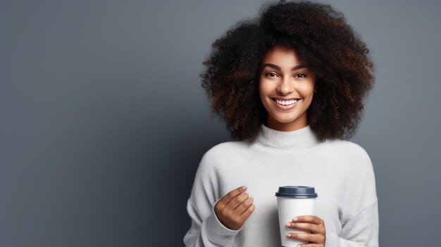 A darkskinned girl with afrohair holds a paper cup of hot coffee Created with Generative AI technology