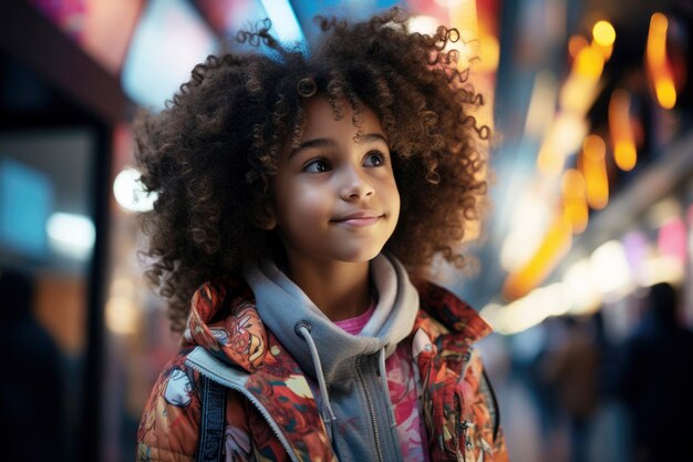 A darkskinned girl with a lush hairstyle stands near a neon sign in the city