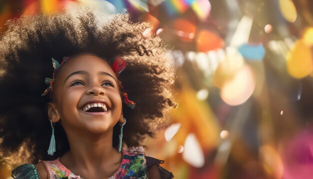 Darkskinned happy girl smiling wide in amusement park concept carnival