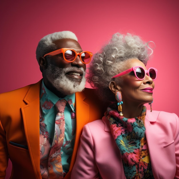 A darkskinned man and woman wearing sunglasses and vibrant clothing hipsters style trend