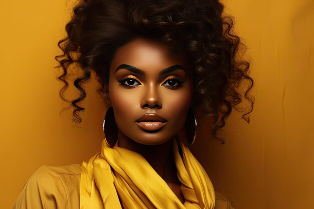 A darkskinned model with beautiful makeup on a yellow background