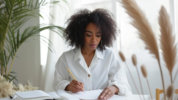 Darkskinned woman concentrated on writing indoors with natural light