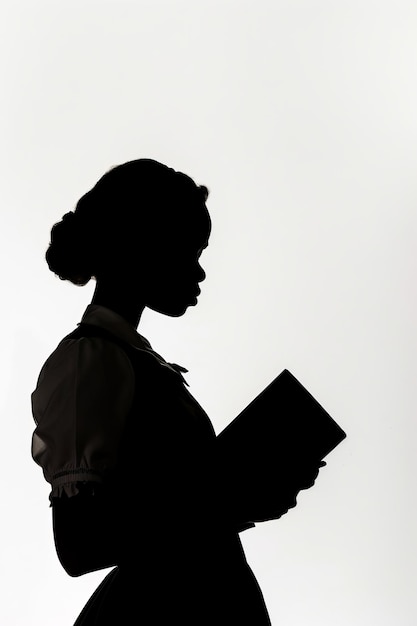 Photo a darkskinned womans silhouette is outlined against a subdued background holding a book that