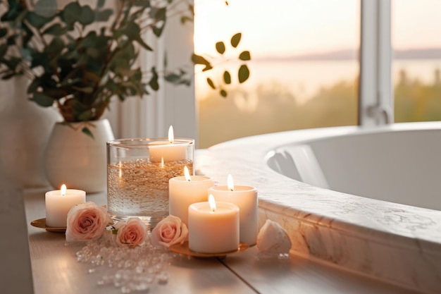 Darmgezondheid Bijdragende factoren Een spa-achtige badkamer met zacht kaarslicht dat een gevoel van rust oproept