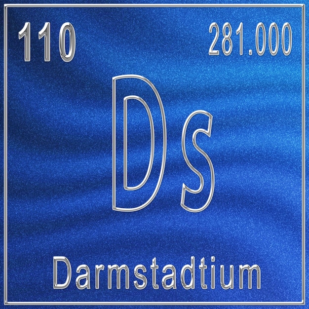 Darmstadtium scheikundig element, bord met atoomnummer en atoomgewicht, periodiek systeemelement