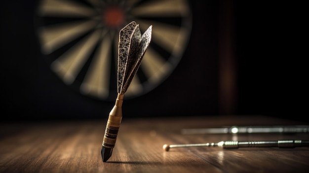 A dart is thrown into the air on a table with the darts in the background.