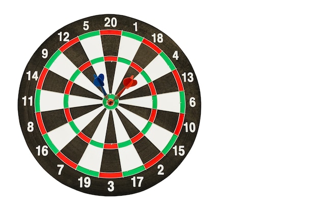 Dartboard with red and blue darts isolated on white background with clipping path