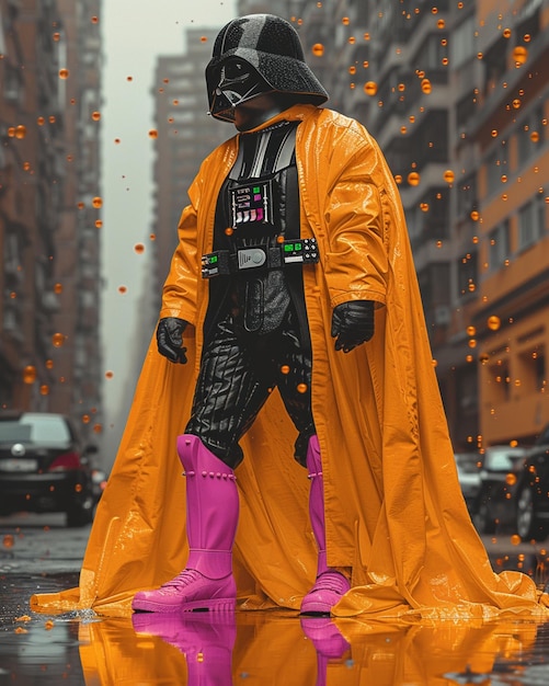 Photo darth vader in a raincoat and rain boots walking in the rain generative ai