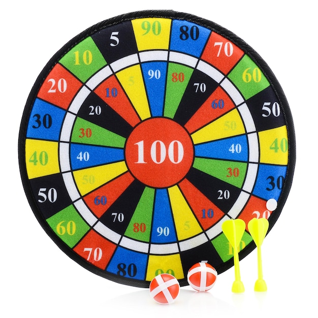 Darts isolated on a white background Bright colored darts with darts Sports game competitions Hitting exactly on target Business concept