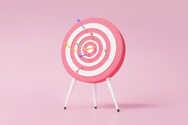 Darts Minimal cartoon target met planning financiële zaken focus groei op roze achtergrond optimalisatie investeringen onderwijs concept prestatie strategie 3d render illustratie