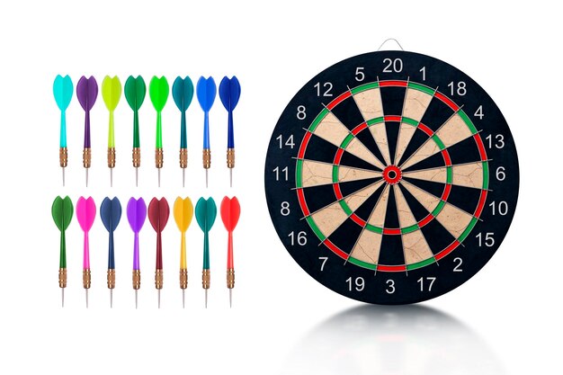 Photo darts with dartboard on white background