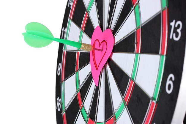 Darts with stickers depicting the life values closeup on white background