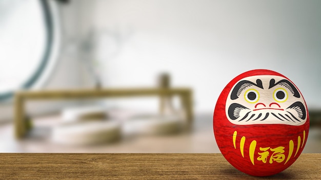 Daruma Japanse pop op houten tafel 3D-rendering