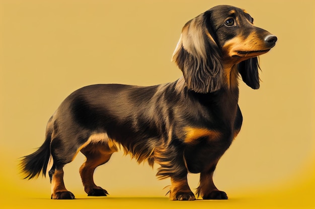 Foto dasch shund cane seduto su uno sfondo giallo