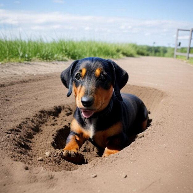 Photo a daschund digging a hole in the ground