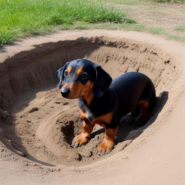 Photo a daschund digging a hole in the ground