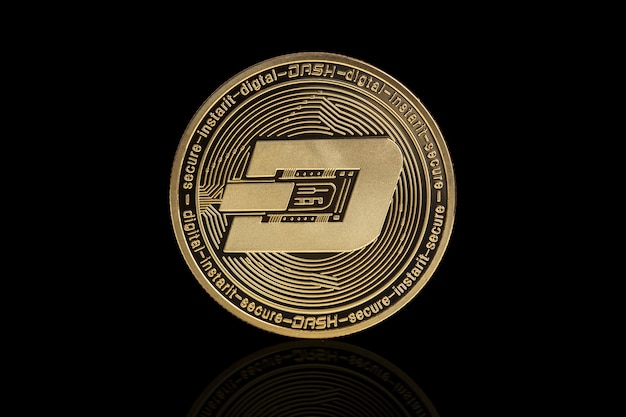 Dash cryptocurrency coin on black 