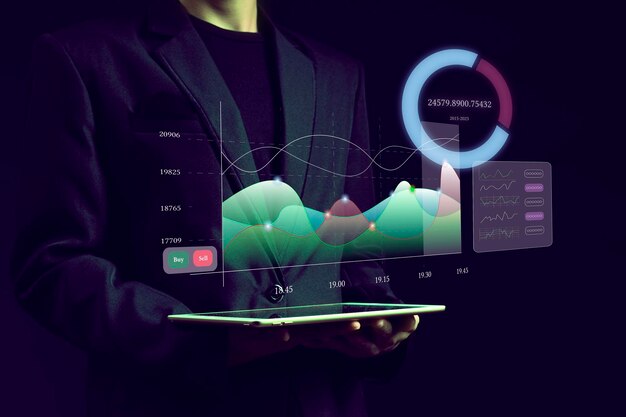 Dashboard-applicatie op het scherm met grafieken en afbeeldingen van zakenmananalyses