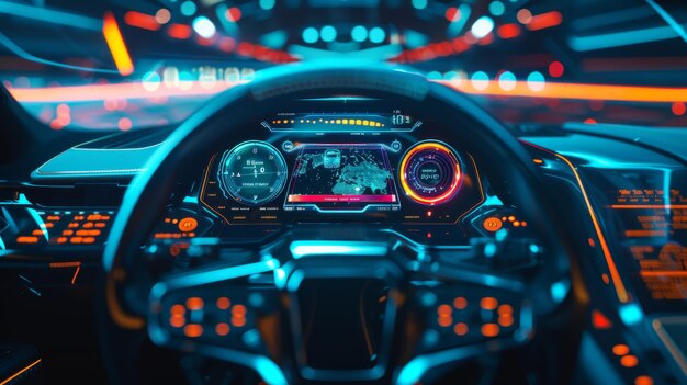 Foto dashboard di una moderna auto sportiva con un display di navigazione cockpit di un'auto autonoma con un'interfaccia grafica tattile astratta diagnostica auto progettazione moderna servizio di riparazione auto