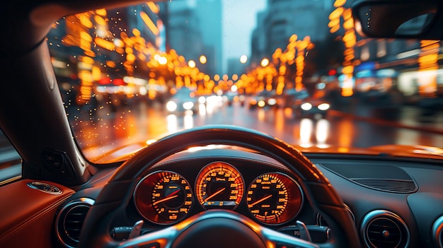 dashboard steering wheel and speedometer in car close up Interior salon of car on the driver point of view Night city